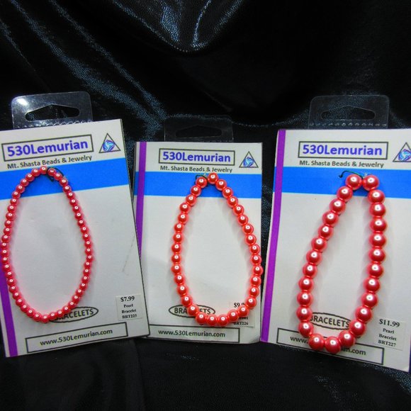 Coral Pink Glass Pearl 7" Stretchy Bracelet Lot Of 3 Different Bracelets - Picture 1 of 4
